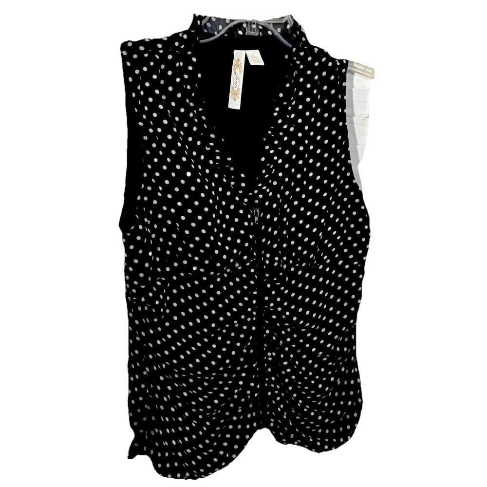 Polka Dot Blouse Sz L Sheer Lined Sleeveless Zip Front Office Siren Mod Classic